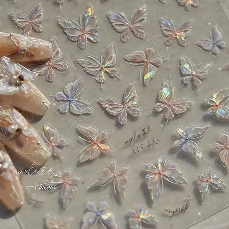 Butterfly Nail Stickers Set - Iridescent Textured Self-Adhesive Decals for DIY Manicure