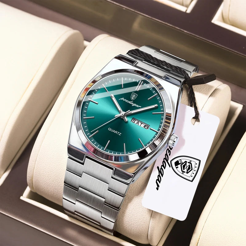 Men's Business Watch Stainless Steel Waterproof Luminous Quartz Wristwatch with Date