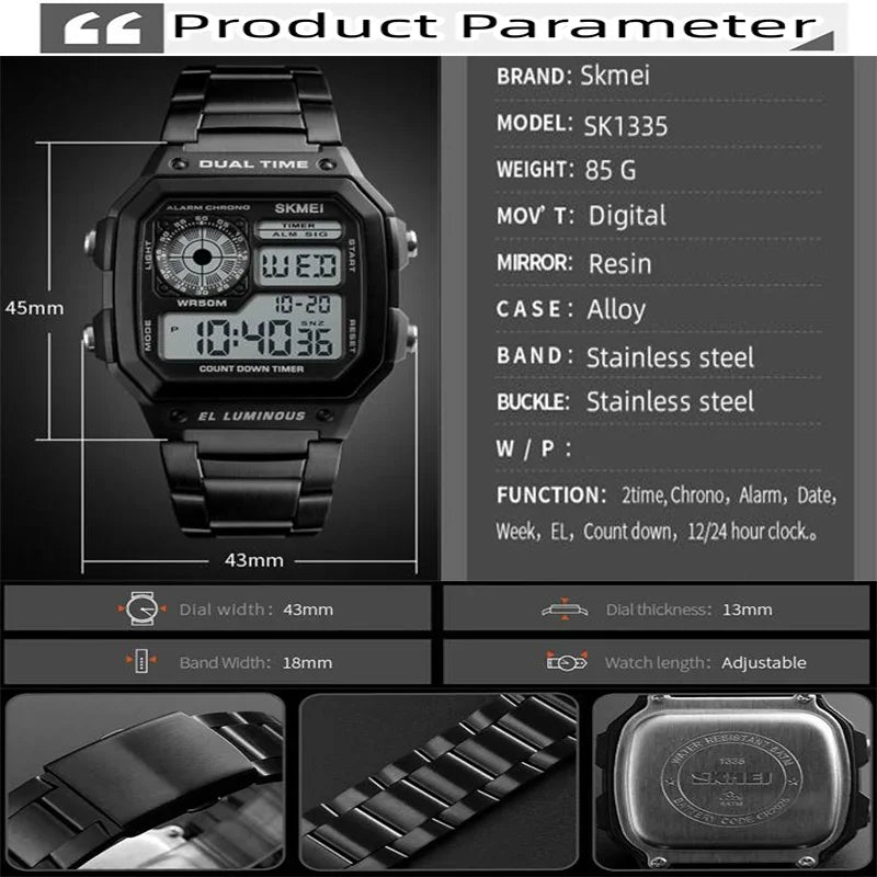 Digital Sports Watch Men Waterproof Dual Time Zone Stainless Steel Band