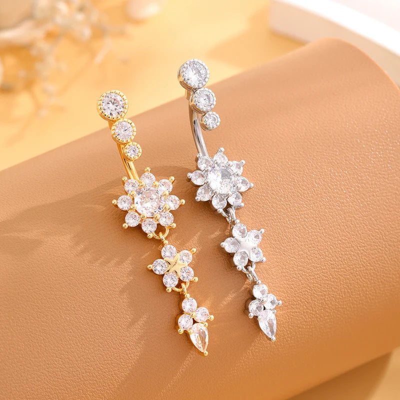Long Dangled Flower CZ Belly Button Ring Stainless Steel Navel Piercing Jewelry