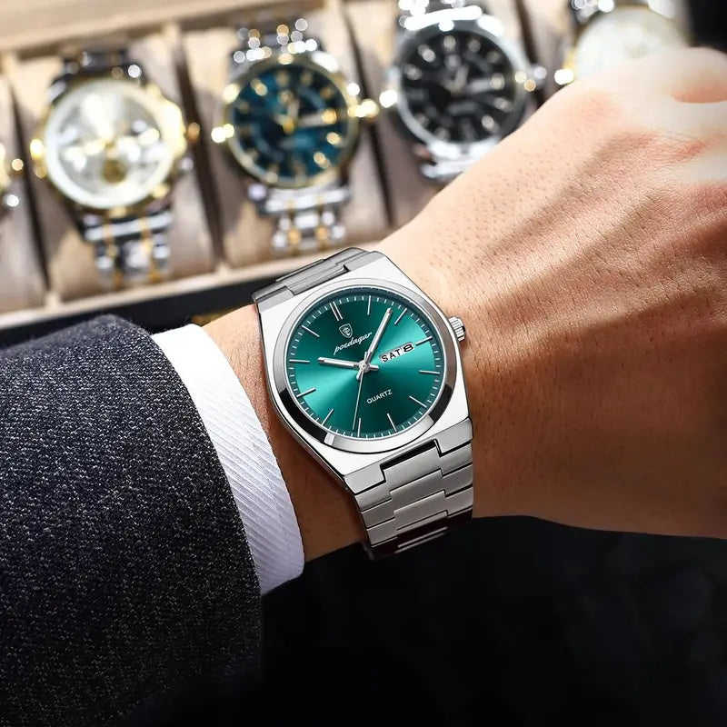 Men's Business Watch Stainless Steel Waterproof Luminous Quartz Wristwatch with Date