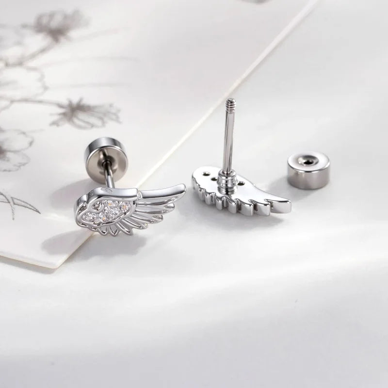Hypoallergenic Titanium Earring Stud for Women and Girls - Angel Wing Design, Flat Back Body Jewelry