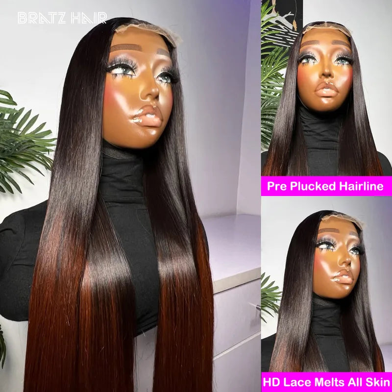 Human Hair Glueless Ombre Brown Straight Wig 13x4 HD Lace Frontal for Women