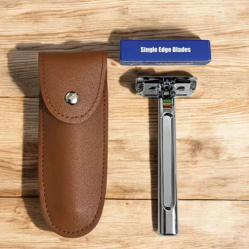 Safety Razor with Travel Leather Storage Bag - Double Edged Grooming Tool for Men