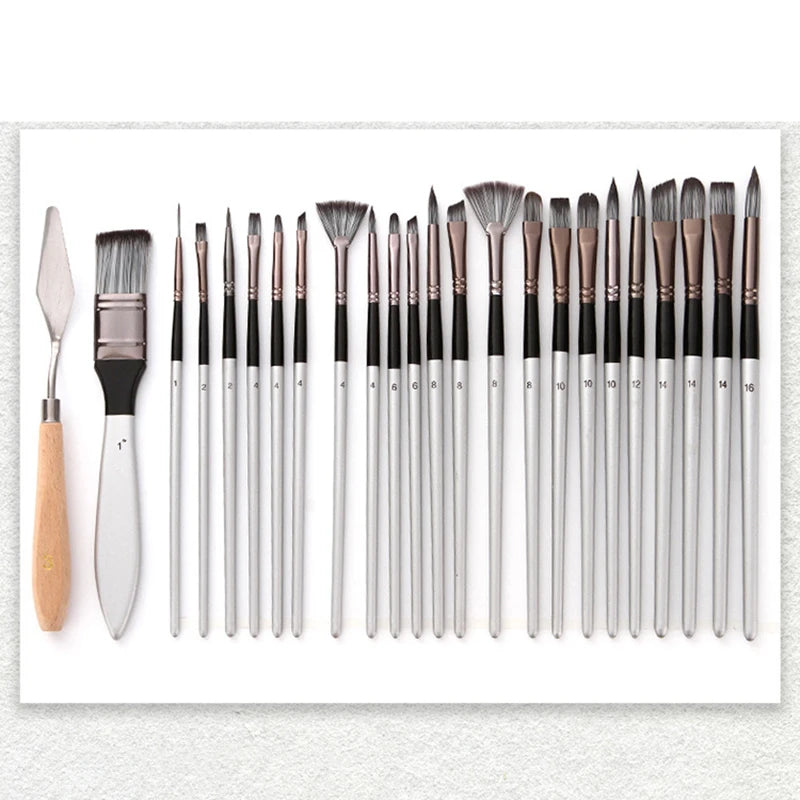 24-Piece Paint Brush Set for Watercolor Acrylic Gouache & Oil Painting - Nylon Hair, Aluminum Tubes