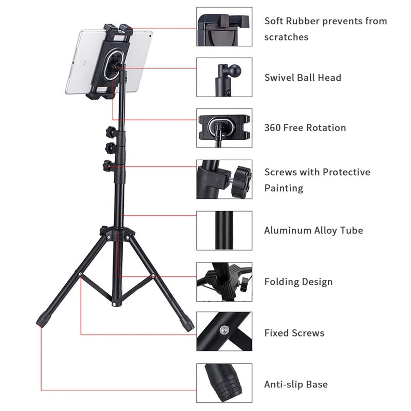 Adjustable Floor Tripod Stand for iPad and Tablets - 4-12.9 Inch Devices, 68-Inch Height, 360° Swivel