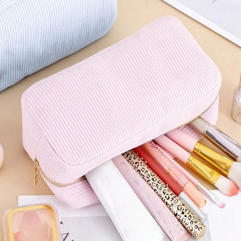 Corduroy Cosmetic Bag for Travel and School - Spacious Makeup & Pencil Organizer
