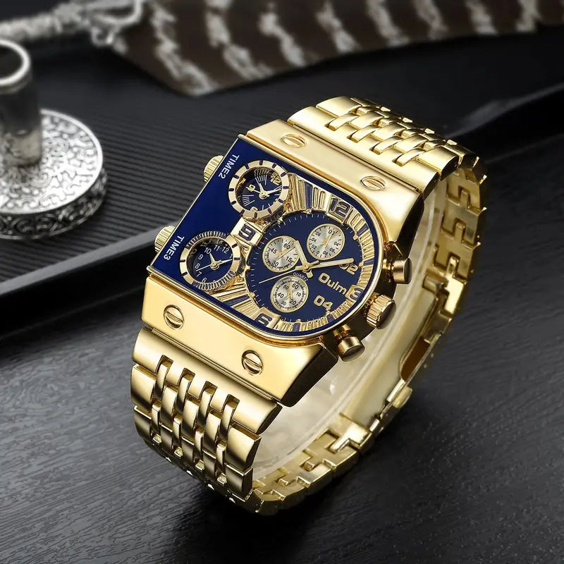 Luxury Multi-Time Zone Men's Quartz Watch with Large Dial and Luminous Steel Band