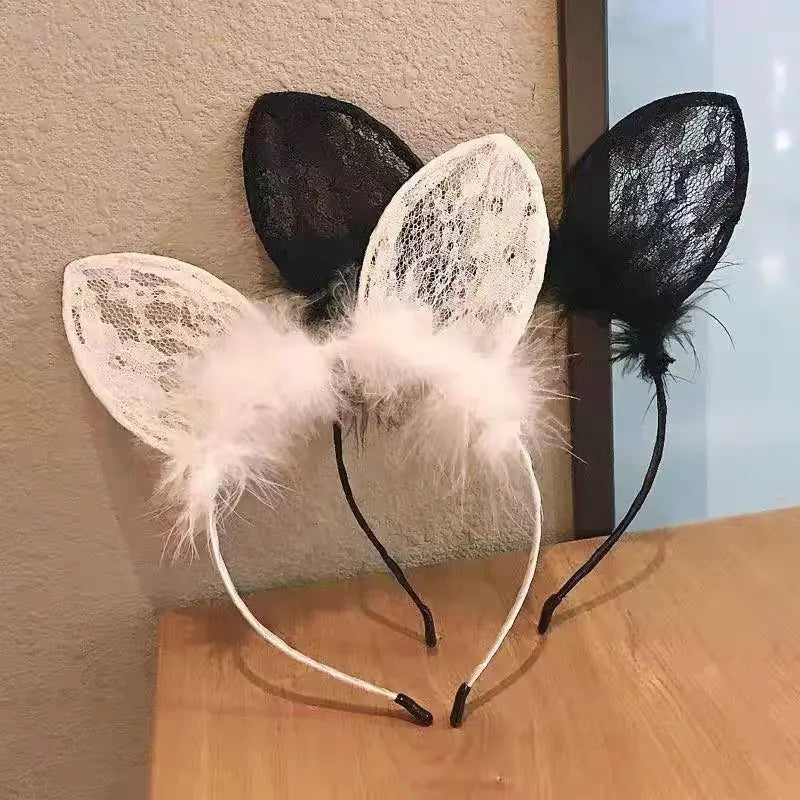 Plush Lace Cat Ear Headband for Women - Korean Style Fashion Hair Accessory