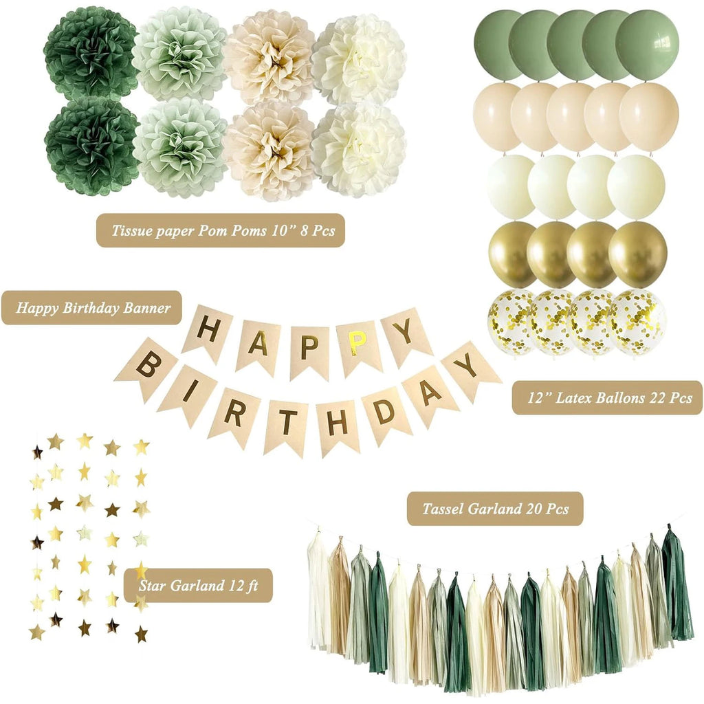 Green Birthday Party Decorations Banner Balloons Kraft Paper Set - Happy Birthday