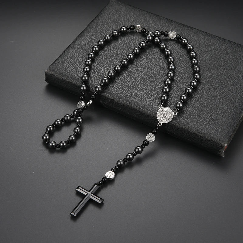 Black Round Beads Saint Benedict Cross Pendant Necklace for Men Women Rosary Gift