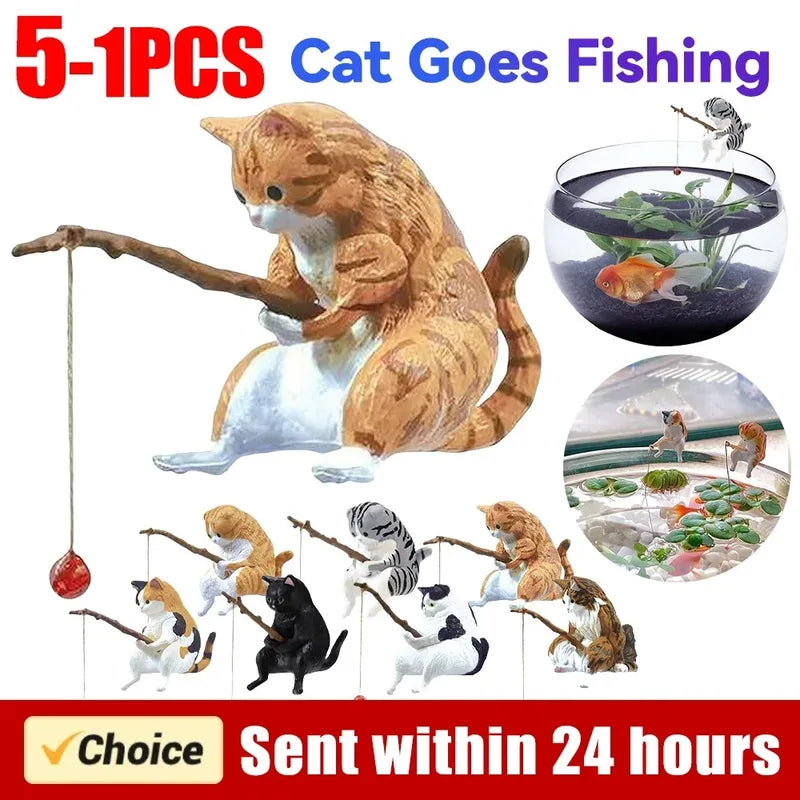 Fishing Cat Aquarium Decor Set - Cute Fish Tank Landscape Ornament - 1-5 Pieces