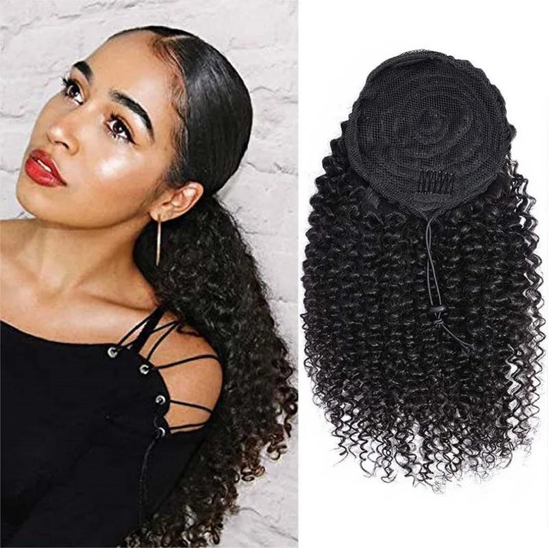 Long Afro Kinky Curly Drawstring Ponytail Human Hair Extensions for Black Women