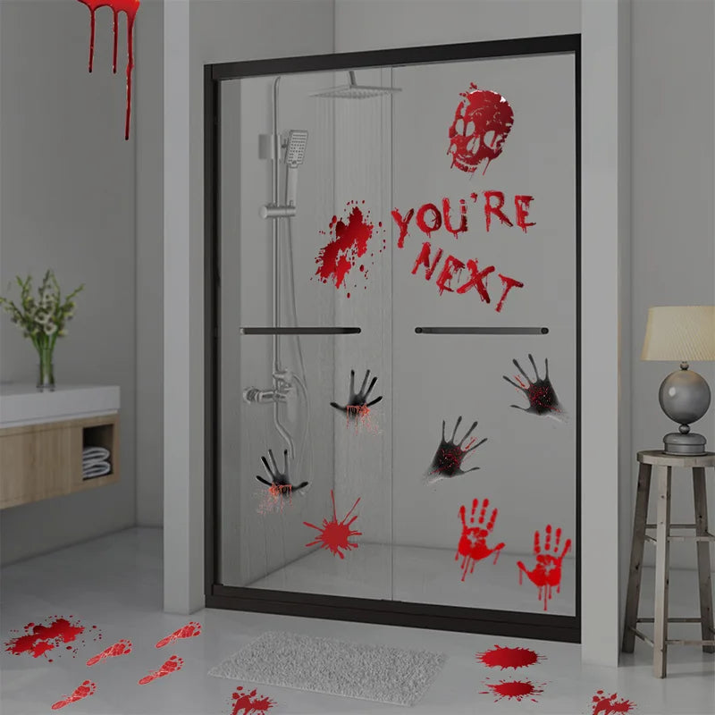 Halloween Wall Door & Window Stickers Blood Handprint Skull Scene Decor Horror Props