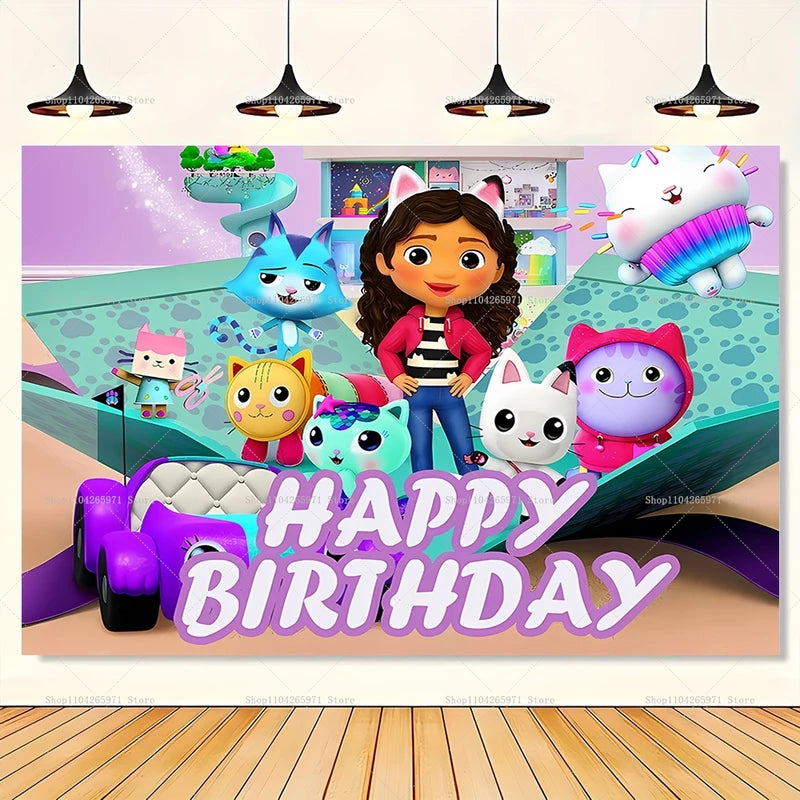 Cartoon Gabby Dollhouse Photo Backdrop for Birthday Party & Baby Shower Decor