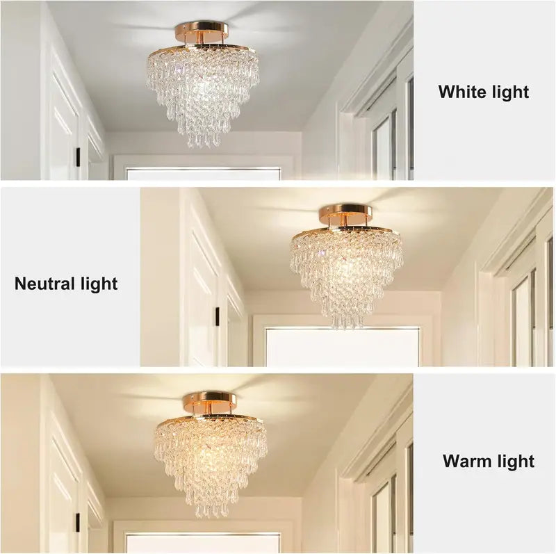 11.8 Inch Gold Crystal Chandelier Ceiling Light - 5 Tiers Raindrops Pendant Fixture for Bedroom Living Room Hallway