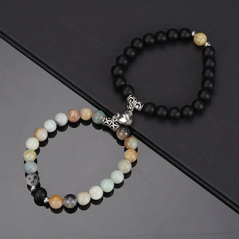 Natural Stone Beads Couple Bracelets - Heart Magnet Friendship Jewelry 2Pcs Set