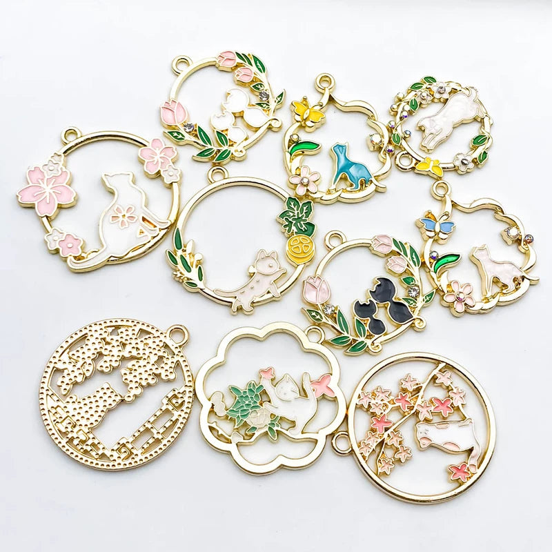 10pcs Alloy Pendant Set with Enamel Leaf and Cat Charms for DIY Jewelry Making