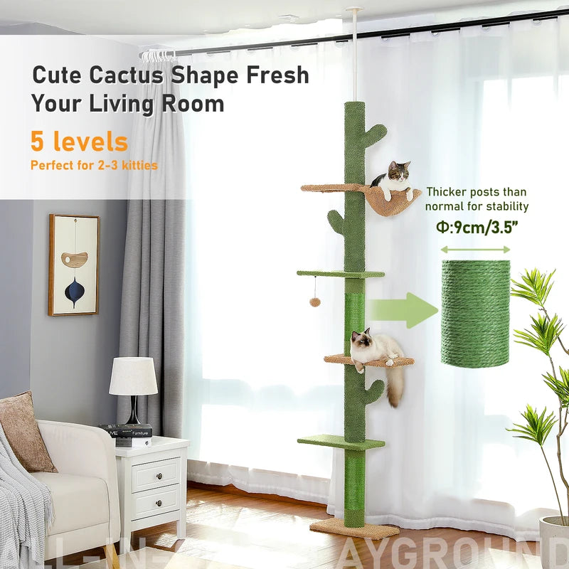 Tall Floor to Ceiling Cat Tree with Cactus Design, Scratching Posts & Hammock