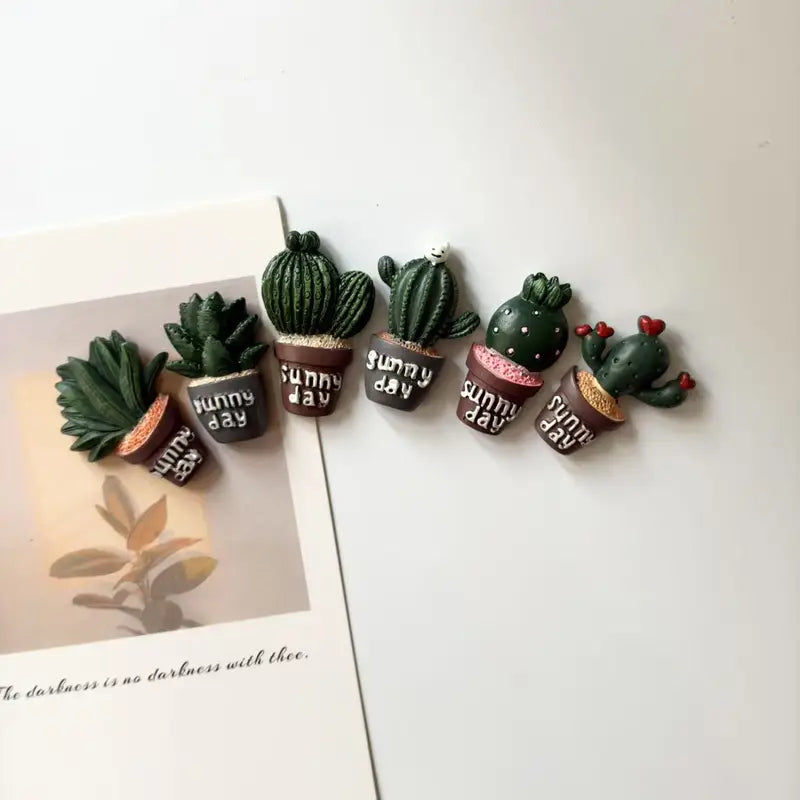 Mini Potted Cactus Resin Fridge Magnet Home Decor Set - All Colors Included