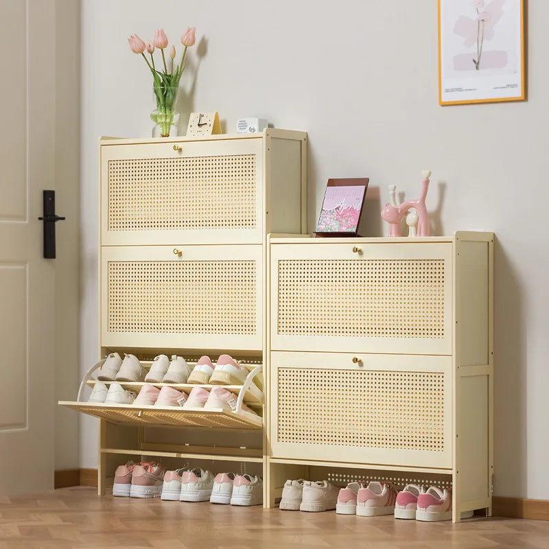 Multi-Layer Bamboo Shoe Cabinet Wall-Mounted Flip Storage Dust-Proof Narrow Organizer