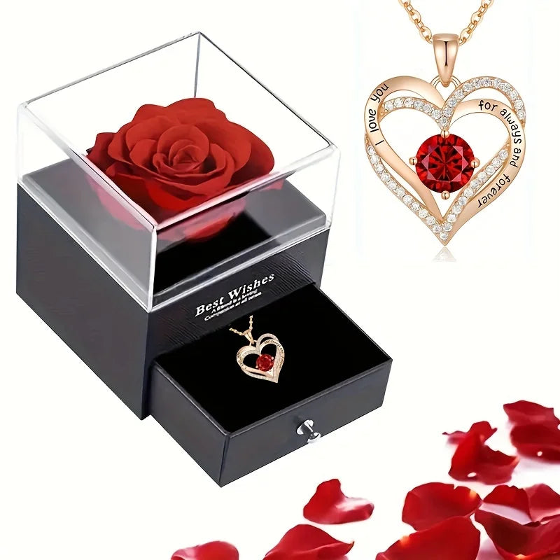 Luxury Red Zircon Pendant Necklace with Rose Flower Gift Box for Women & Girlfriend
