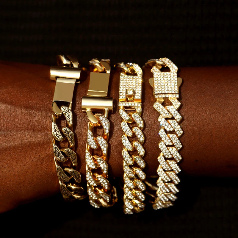 Men Women Cuban Link Chain Bracelet Bling Rhinestone Hip Hop Jewelry