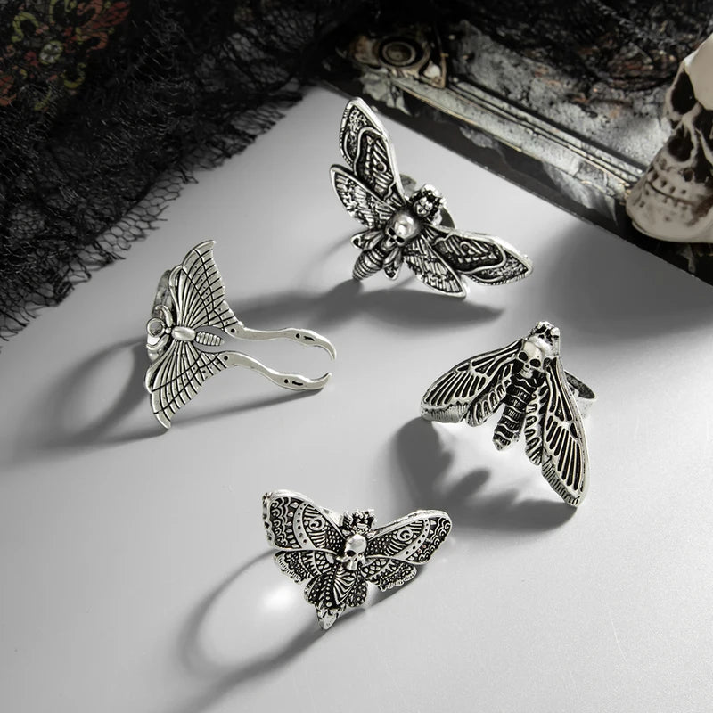 4-Piece Gothic Butterfly Skull Open Ring Set for Women Punk Jewelry Halloween Accessories Gift