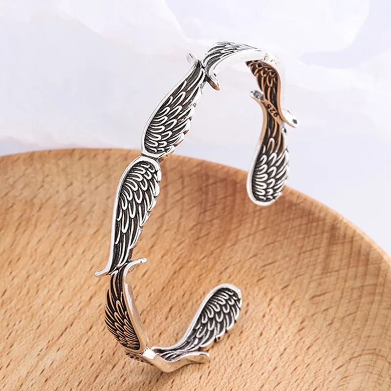 Sterling Silver Angel Wings Bracelet - Retro Thai Jewelry Open Cuff