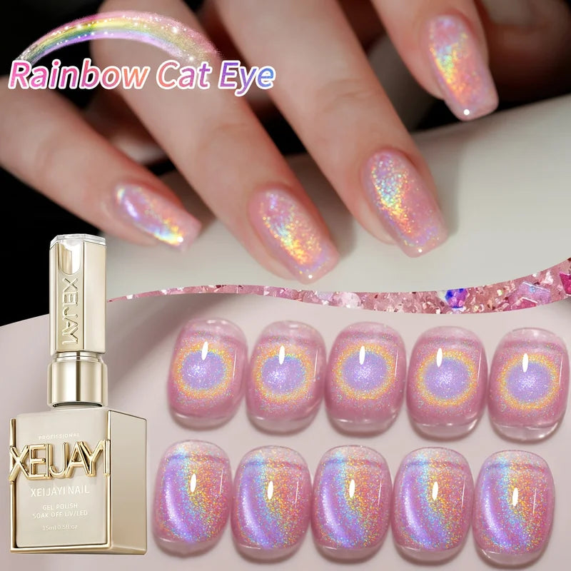 15ml Pink Cat's Eye Gel Nail Polish with Magnetic Flash UV LED Durable Manicure