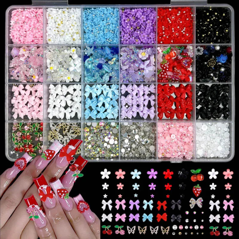 Mixed Nail Art Charms Set with Ribbons Bows Flowers Cherry Strawberries Metal Butterflies - DIY Nail Decorations