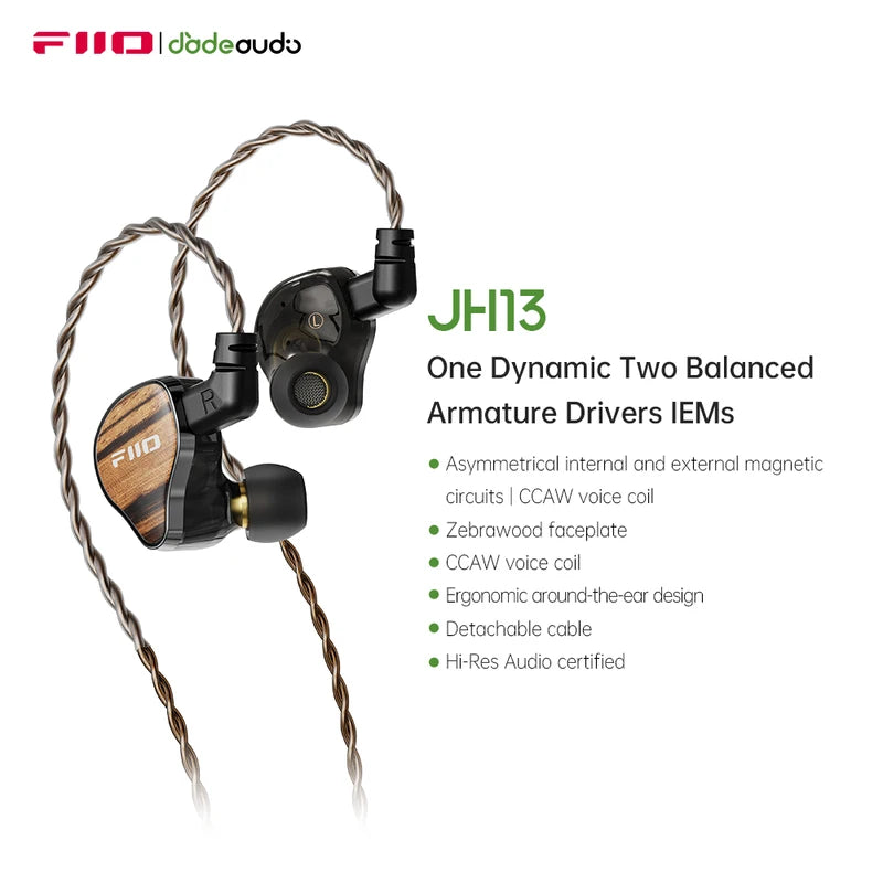 FiiO JH13 Hybrid HiFi In-Ear Monitors – 1DD + 2BA Drivers, Wooden Faceplate, Detachable 0.78mm Cable
