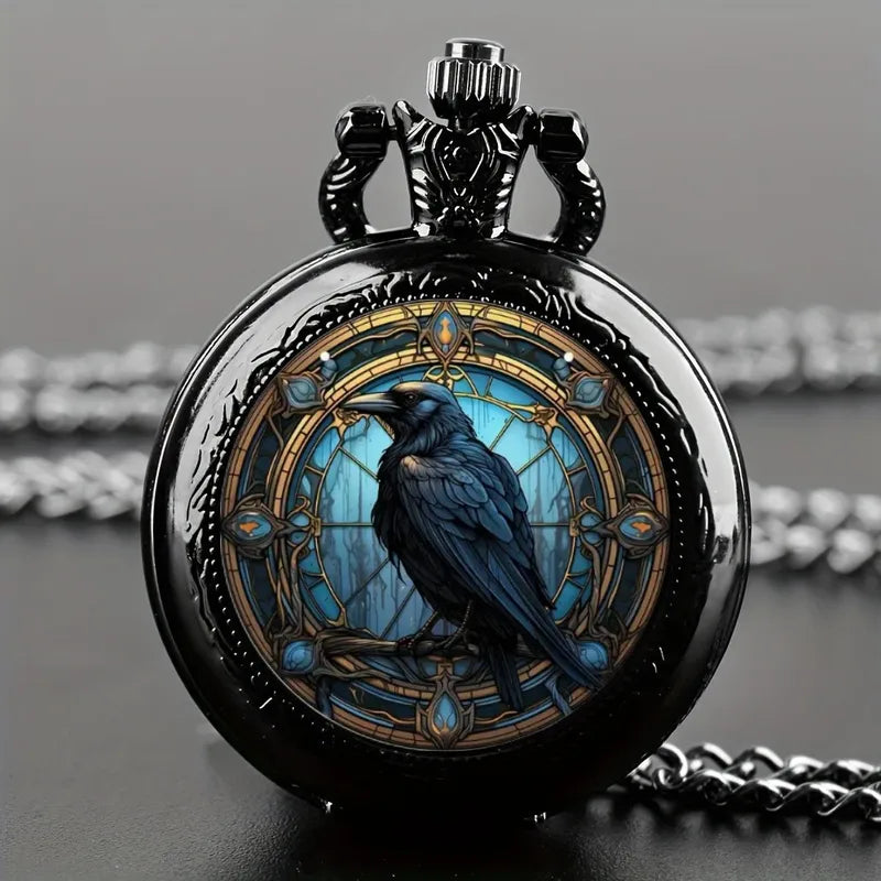 Vintage Black Crow Pocket Watch Necklace with World Time - Unisex Gift