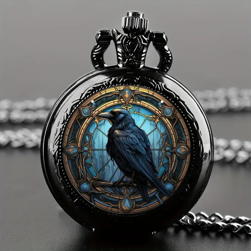Vintage Black Crow Pocket Watch Necklace with World Time - Unisex Gift