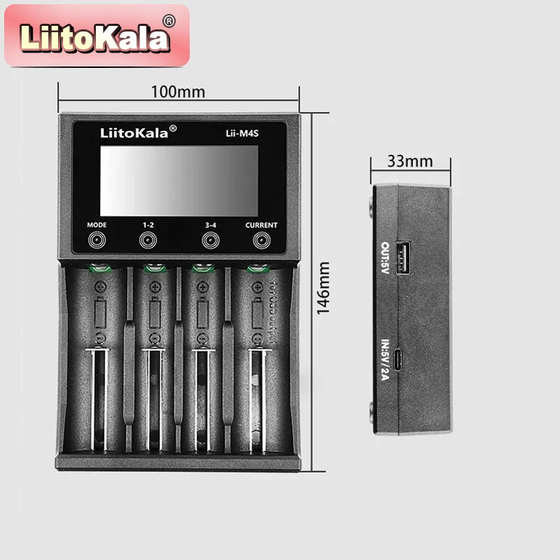 Smart 4-Channel Battery Charger with LCD & USB Power Bank for Li-ion Batteries