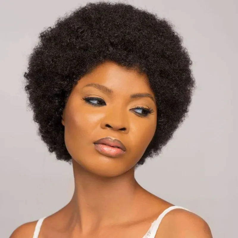 Afro Kinky Curly Wave Wig - 6 Inch Pixie Cut Human Hair Wig for Women, 150% Density