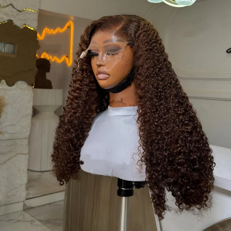 Short Curly Bob Wig 16 Inch Chocolate Brown HD Transparent Lace Frontal Deep Wave Pre-Plucked