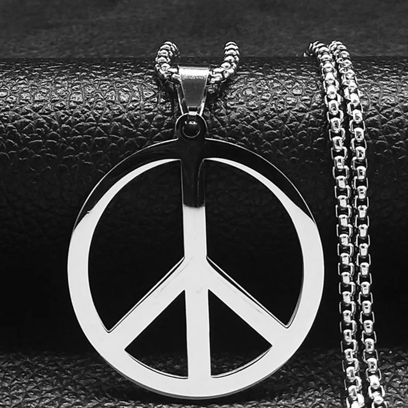 Goth Punk Peace Sign Pendant Necklace Men Women Stainless Steel Chain Jewelry