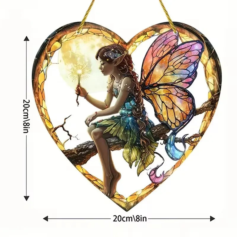 Fairy Night Suncatcher Wall Hanging - Heart Shaped Stained Glass Acrylic Decor