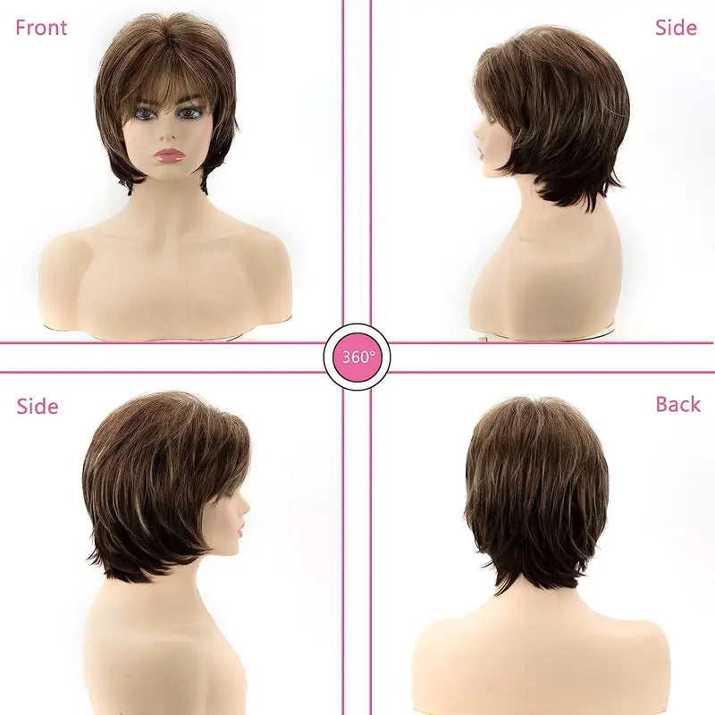 Brown Short Layered Pixie Wig for White Women Blonde Highlights Synthetic Hair