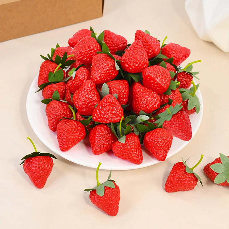 Artificial Strawberries Set - Fake Plastic Fruit for Kitchen, Garden, Home Decor, Photo Props, Christmas & DIY Crafts