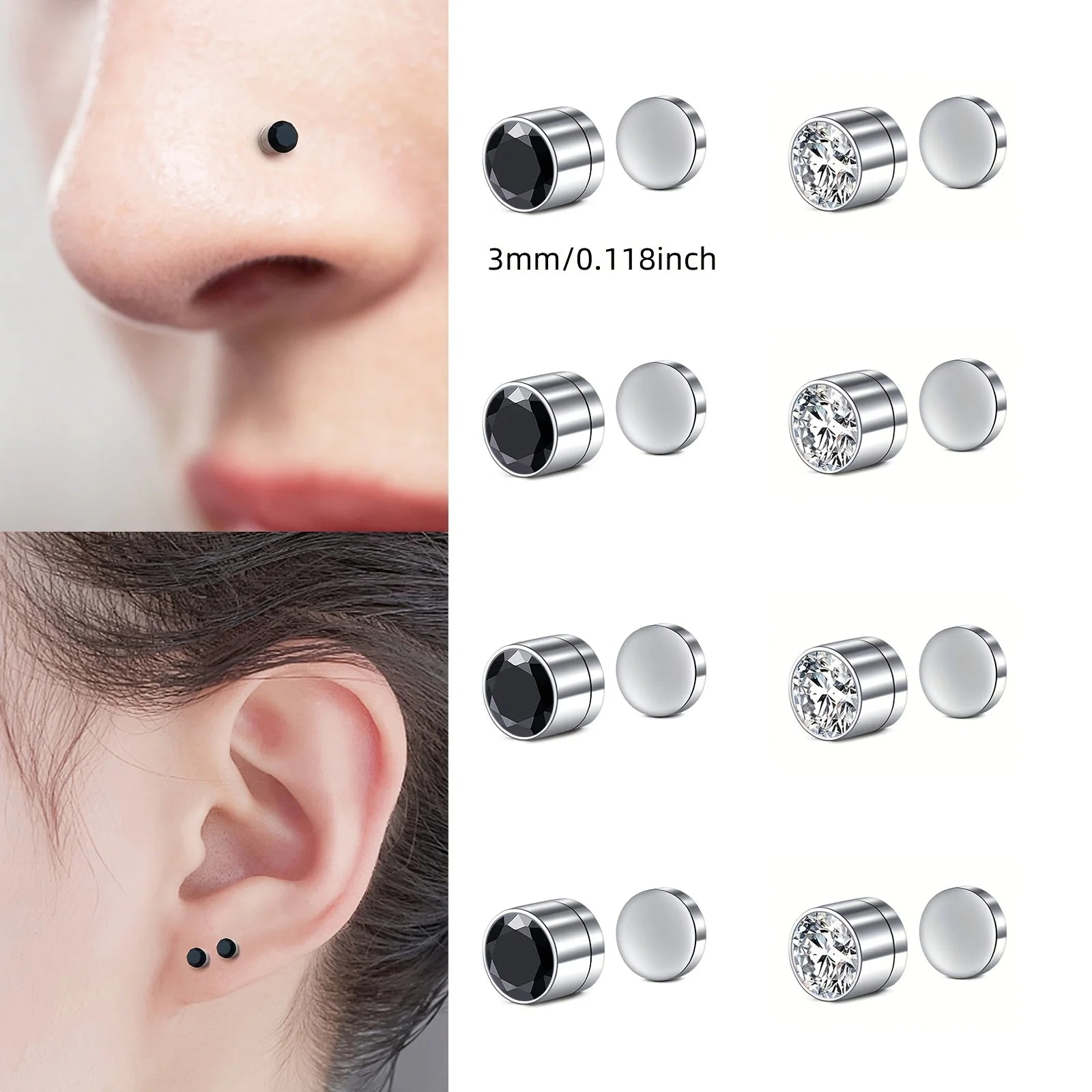 Set of 8 Halloween Magnetic Fake Nose and Ear Studs - Punk Style Stainless Steel Accessories