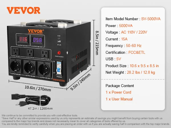 Heavy Duty Voltage Converter Transformer 2000VA-5000VA with US & EU Outlets and USB Port