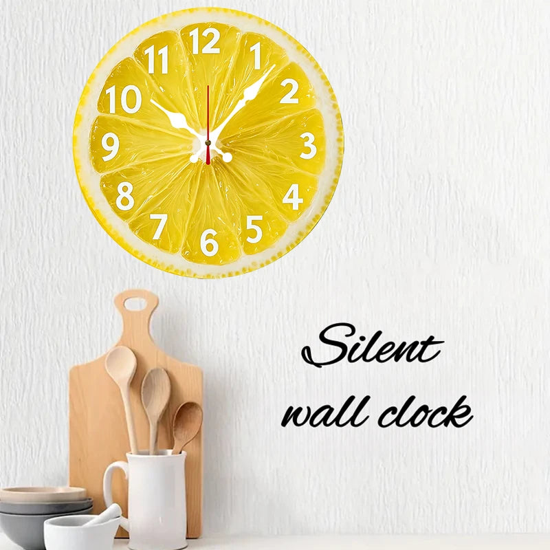 Lemon-Themed Wooden Wall Clock - Silent Hanging Round Decor for Living Room Office Bedroom