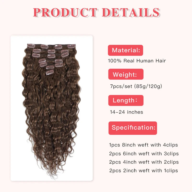 Curly Clip-In Hair Extensions 7pcs Water Wave Remy Human Hair for Women