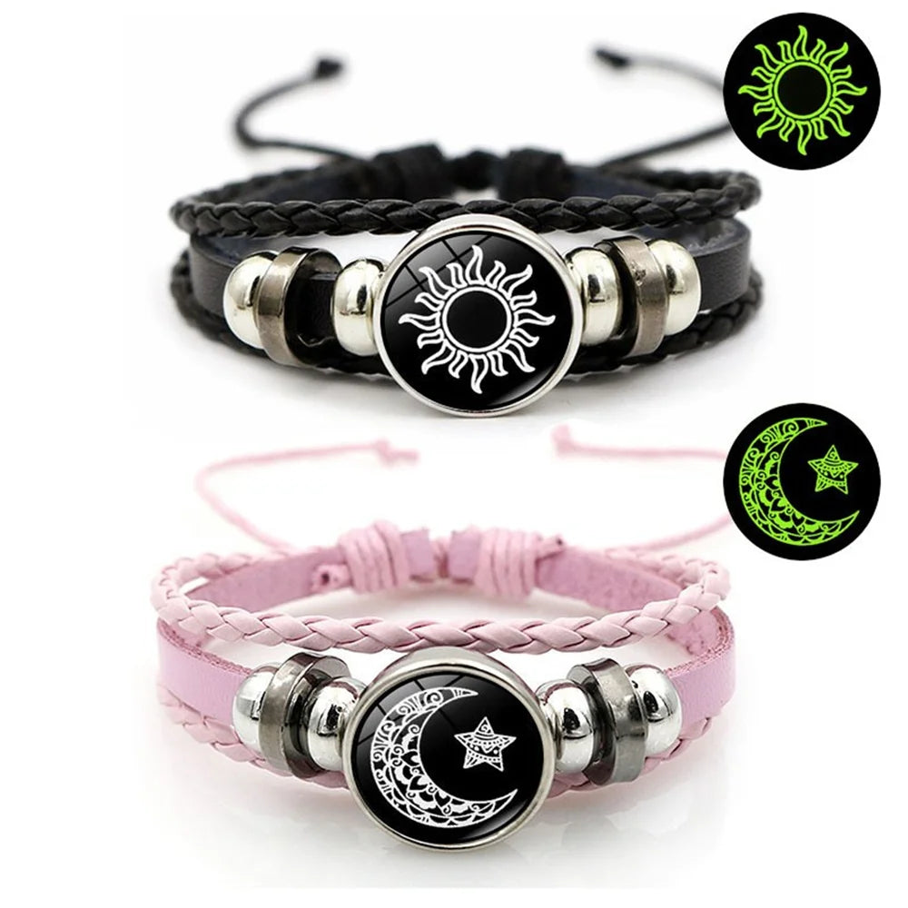 Leather Sun and Moon Couple Bracelets Set - Adjustable Multi-Layered Beaded Jewelry