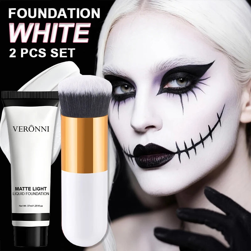 White Full Coverage Liquid Foundation with Brush Set - Halloween Cosplay SFX Makeup