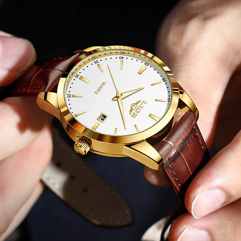 Men's Waterproof Sport Quartz Watch with Leather Strap - Casual Military Style