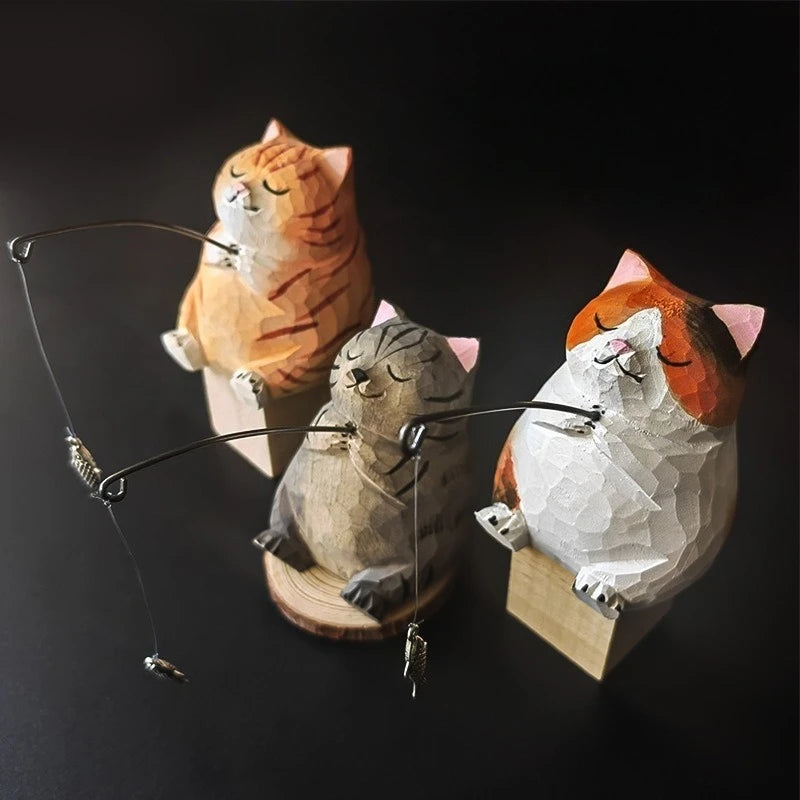 Handmade Wooden Cat Figurine - Cute Desk Decor, Animal Sculpture Gift