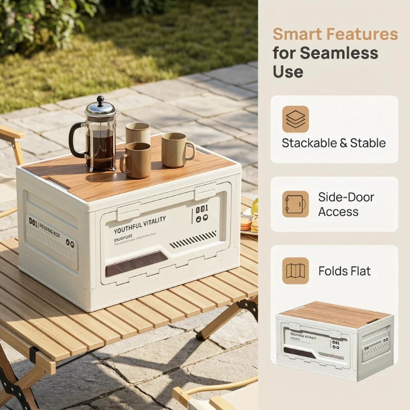 Folding Storage Box with Wooden Lid - Car Trunk Organizer, Home & Outdoor Use